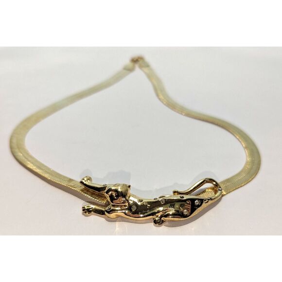 Leopard Panther Rhinestone Gold Tone Necklace - Picture 6 of 12